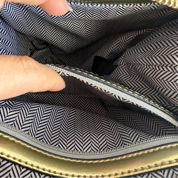 Vintage Faux Leather Patent Small Satchel Handbag w/ Crossbody Strap in Gold - Picture 9 of 11